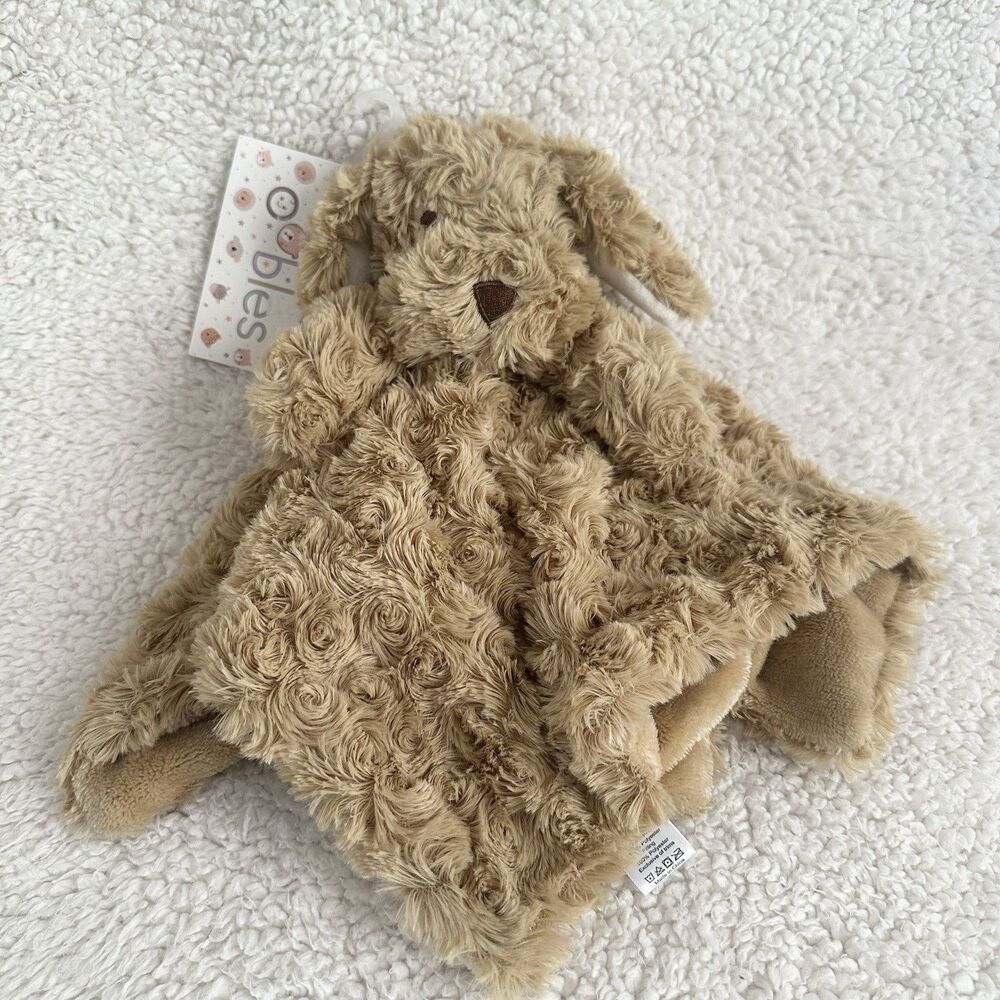 NWT Oobles Baby Beige Puppy Dog Lovey Rattle Plush Security Blanket Rosette Fur